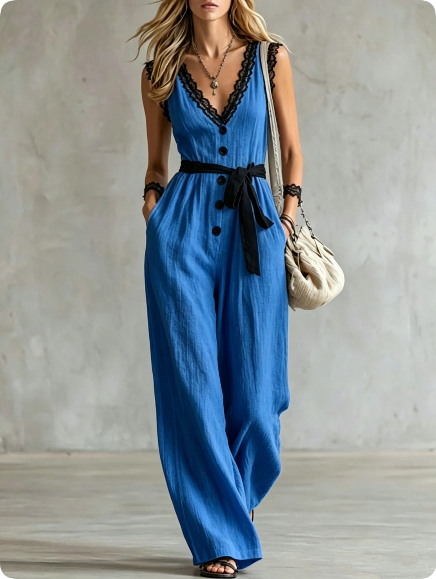V-Neck Lace Sleeveless Colorblock Jumpsuit with Black Trim