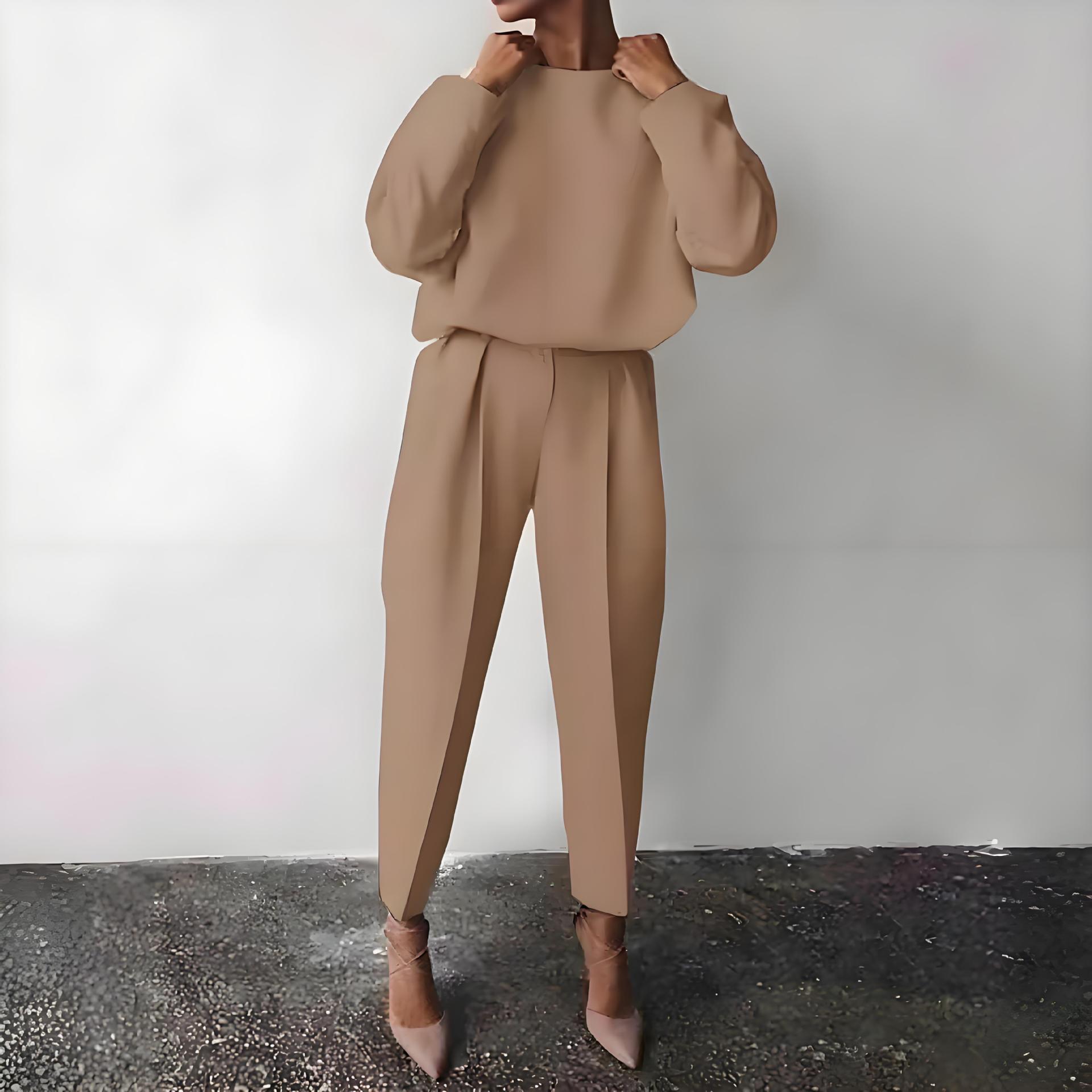 Women's Solid Color Long Sleeve Casual Two-Piece Pants Set
