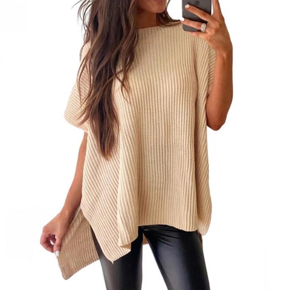 Women's Solid Crewneck Knit T-Shirt Casual Loose Drop Shoulder Short Sleeve Top