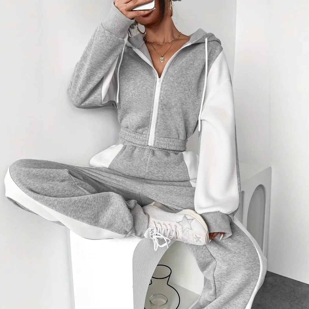 Women's Color-Block Long-Sleeve Hoodie & High-Waist Pants Two-Piece Set