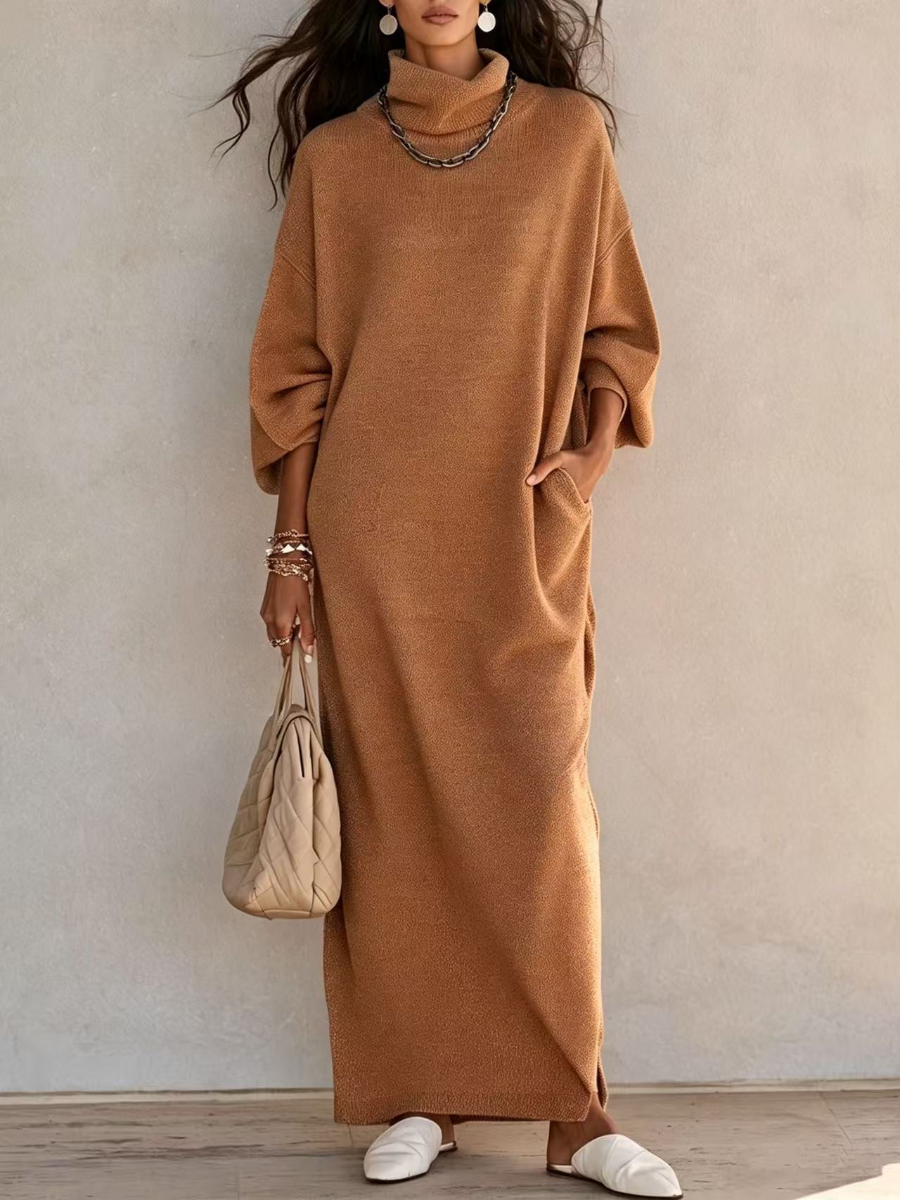 Solid Color Long Sleeve Split Hem A-Line Dress