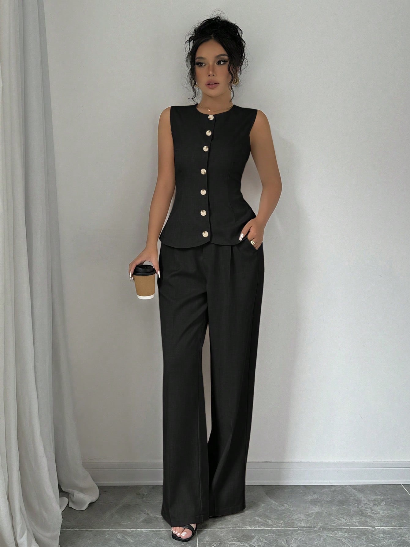 Women's Sleeveless Vest and Wide-Leg Pants Set Solid Color Commuter Two-Piece