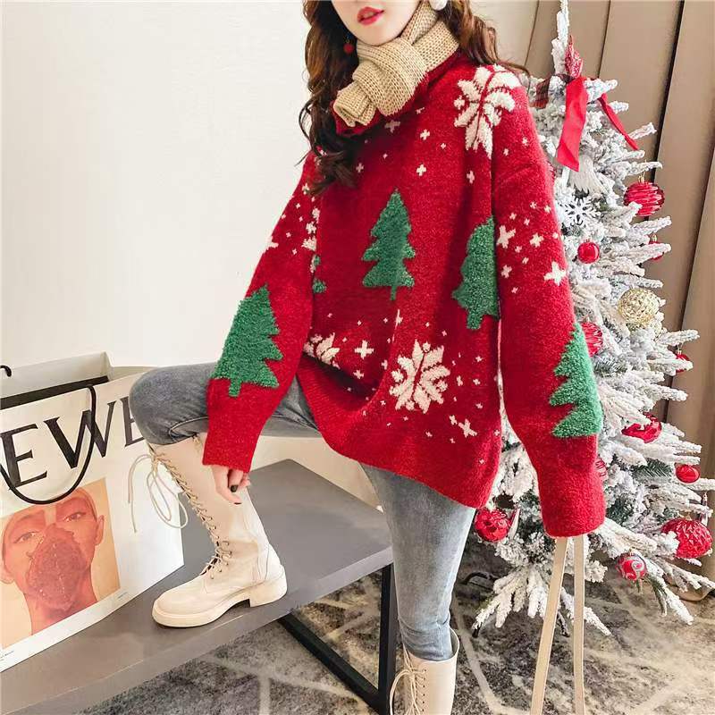 Women's Thick Christmas Tree Sweater Crewneck Loose Pullover