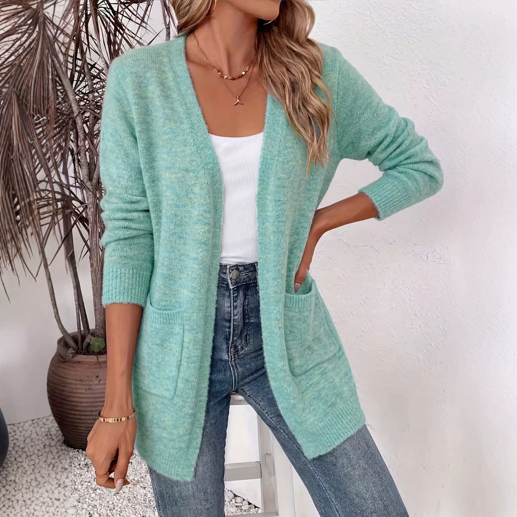 Women's Pocket Cardigan Sweater Mid-Length Loose Solid Knit Coat