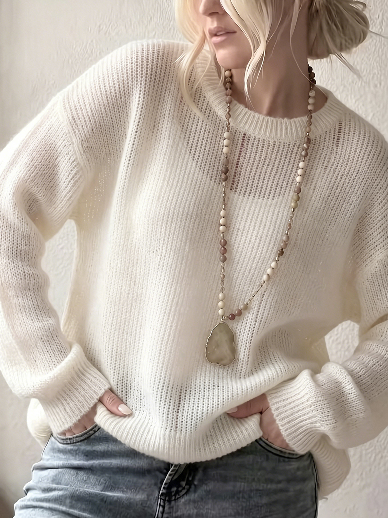 Women's Soft Crewneck Knit Sweater Long Sleeve Loose Drop Shoulder Relaxed Fit
