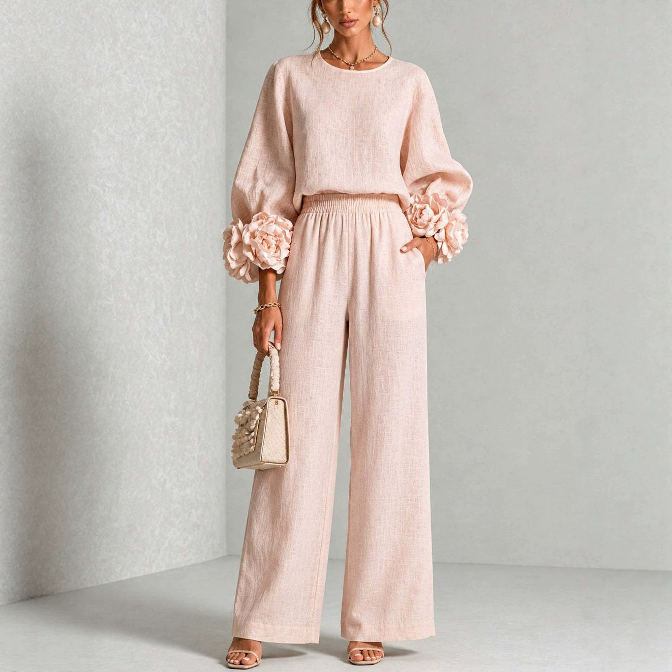 Floral Cuff Top and Wide-Leg Pants Set