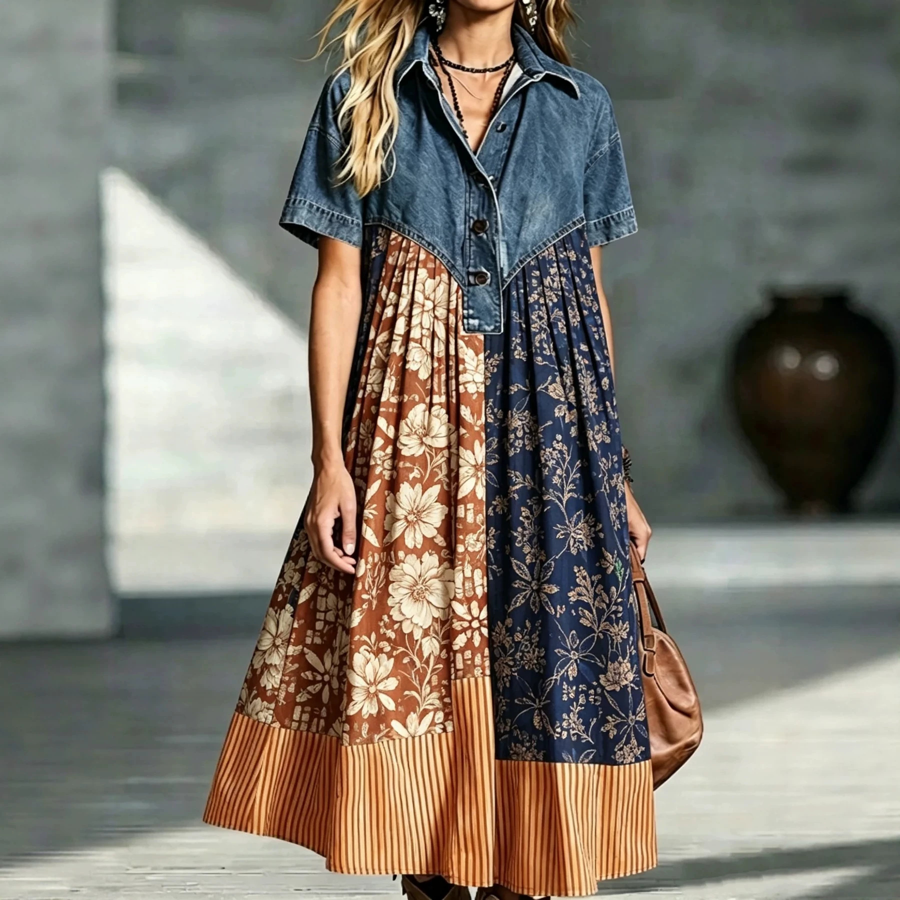Retro Denim Patchwork Print Loose Casual Dress