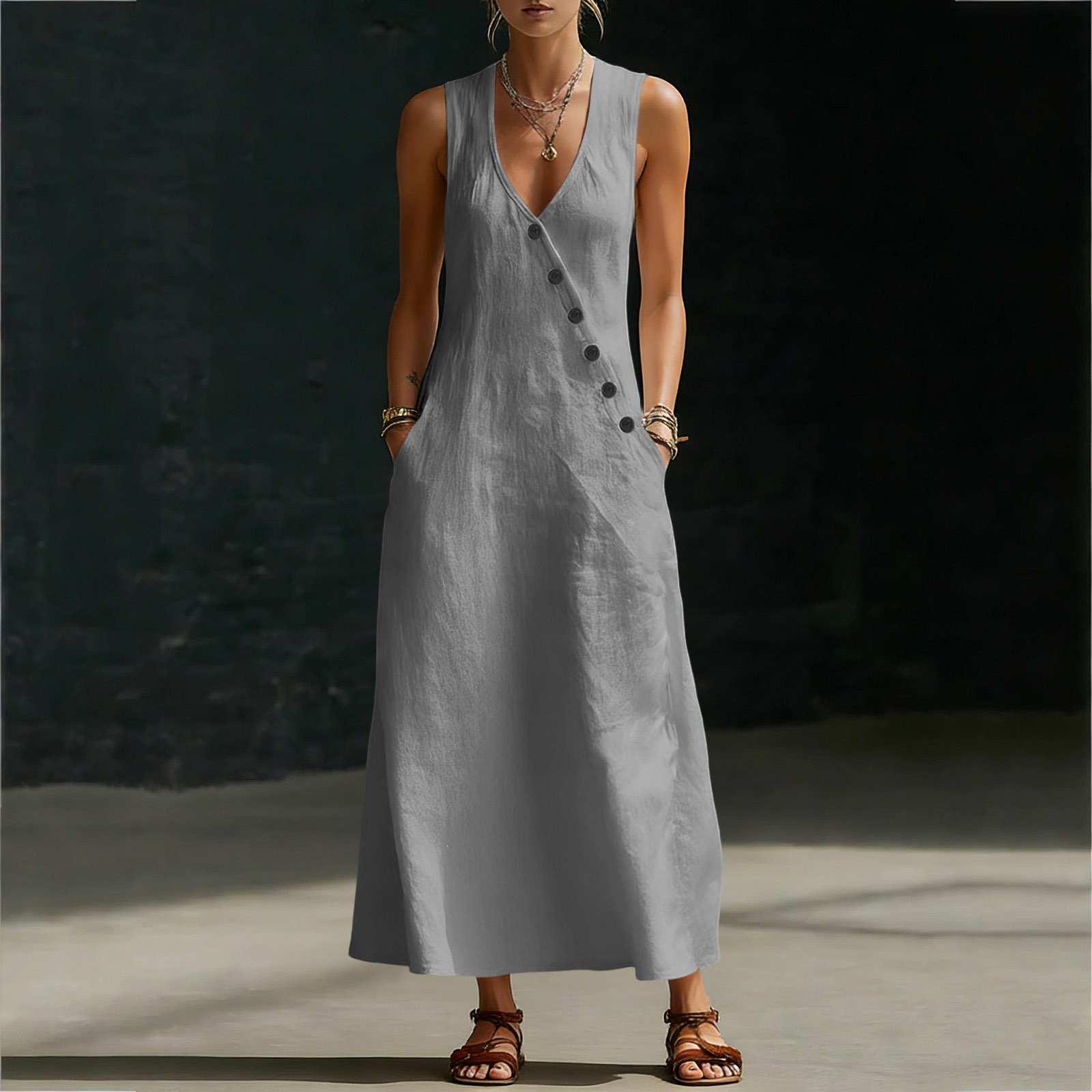 V-Neck Button-Front Cotton-Linen Sleeveless Maxi Dress