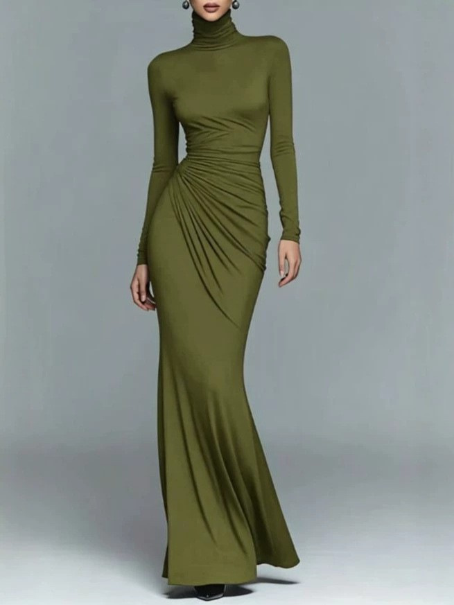 Solid High-Neck Long-Sleeve Fitted Waist-Cinching Maxi Dress