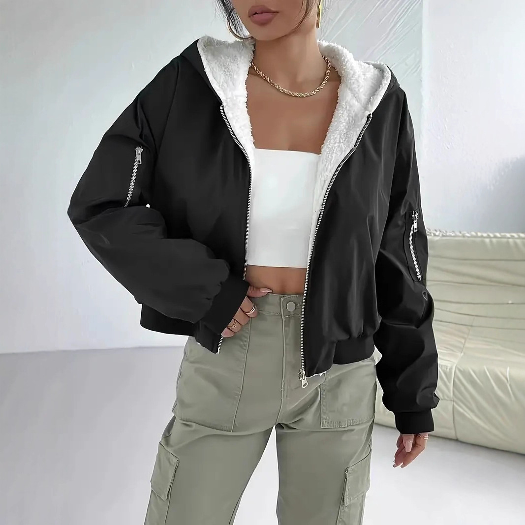 Elegant Loose Fleece Zip-Up Hooded Jacket with Pockets