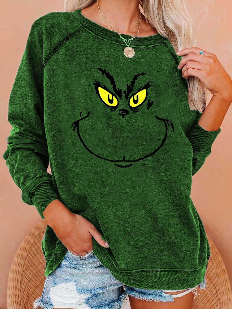 Women's Christmas Grinch Smiley Face Crewneck Sweatshirt