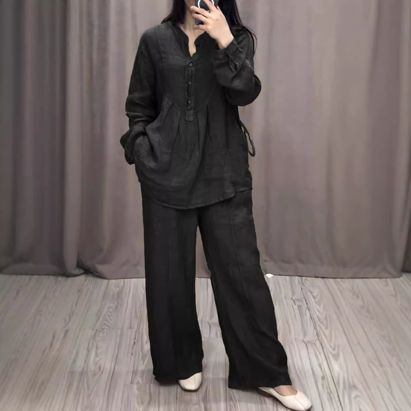 Women's Cotton-Linen Long-Sleeve Half-Placket Pleated Wide-Leg Pants Set