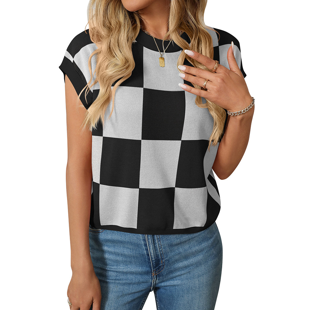 Color Block Checkered Crewneck Knit Crop Top with Cap Sleeves