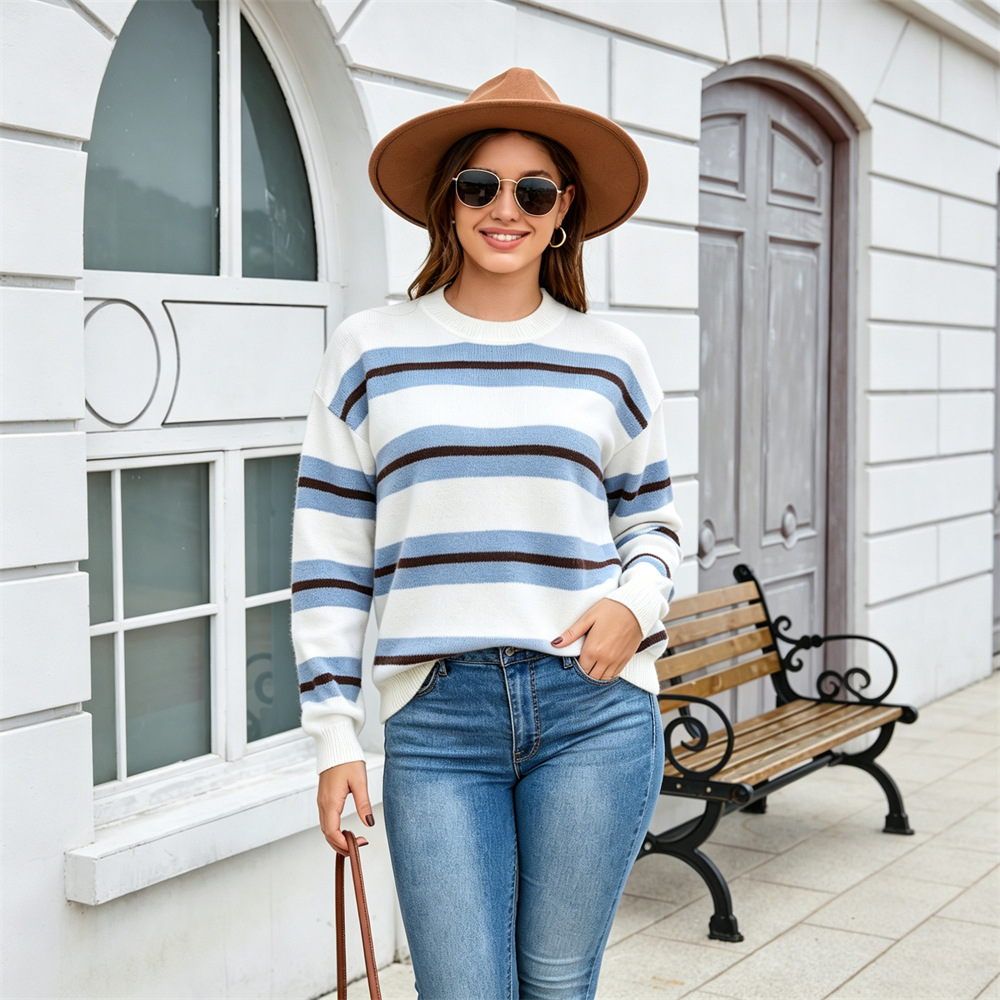 Striped Crewneck Pullover Sweater Long Sleeve Plus Size
