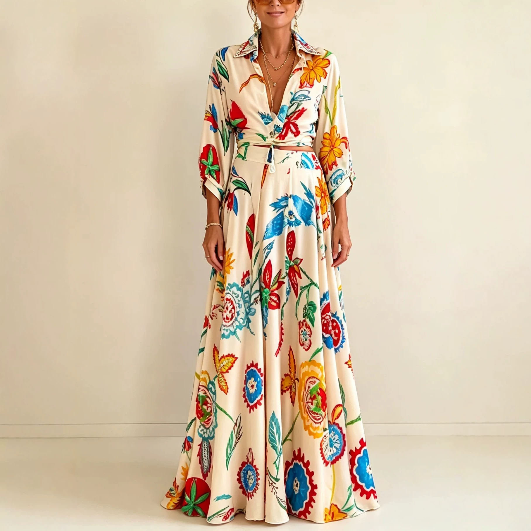 Vintage Oil Painting Floral Print Tie-Front Shirt and Maxi Skirt Two-Piece Set