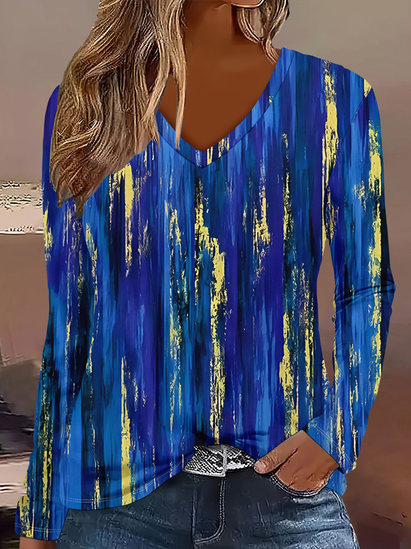 Bohemian Floral V-Neck Long-Sleeve Loose Casual T-Shirt