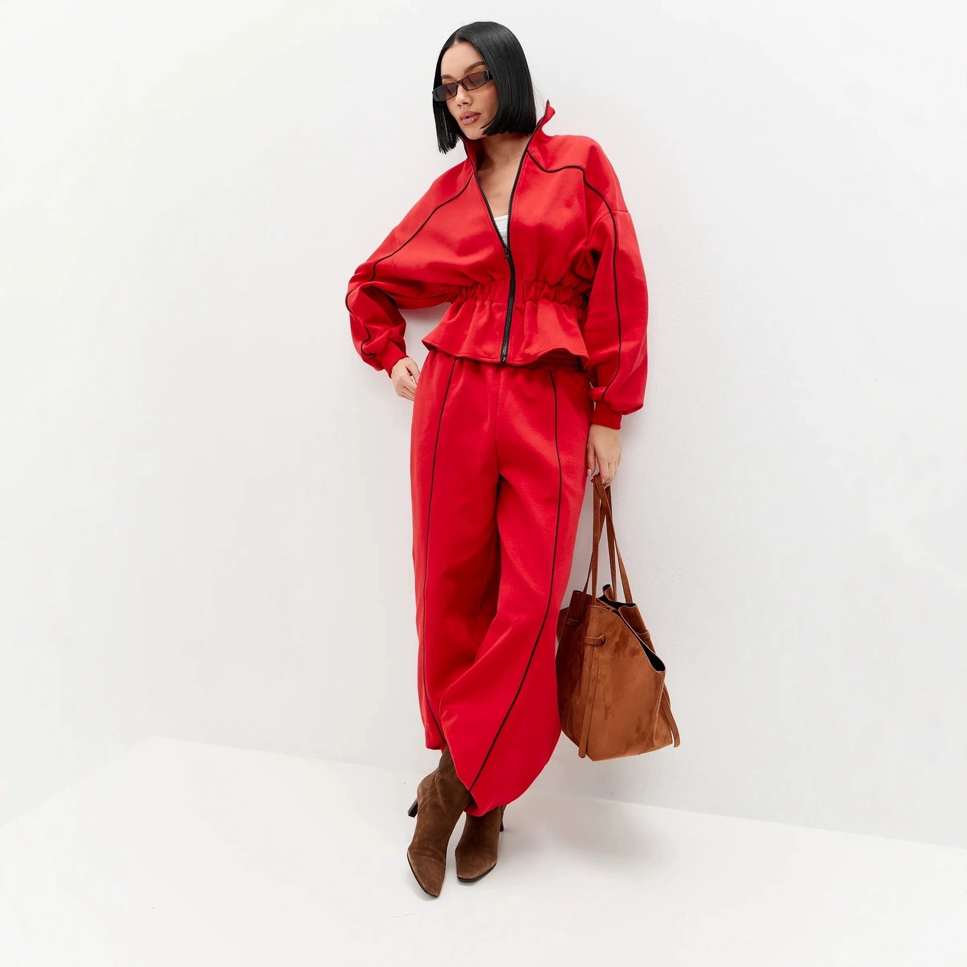 Women's Colorblock Two-Piece Set with Ruched Waist Long Sleeve Jacket and Pants