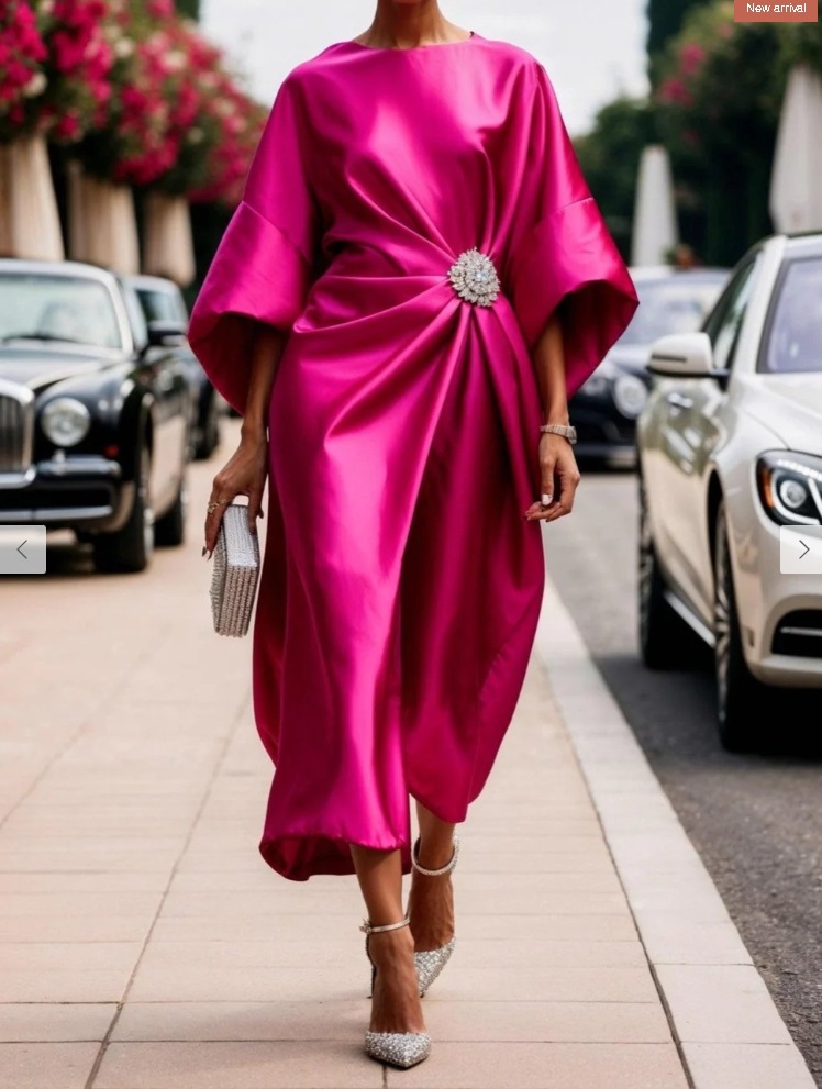 Solid Satin Knot Midi Dress Long High Waist Round Neck