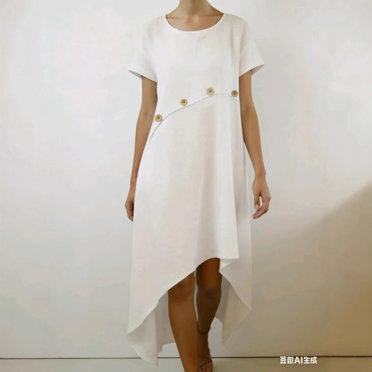 Women's Comfortable Spliced Button-Detail Solid Color Dress
