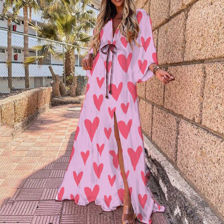 Bohemian V-Neck Slit Printed Maxi Dress Loose Fit Long Sleeve