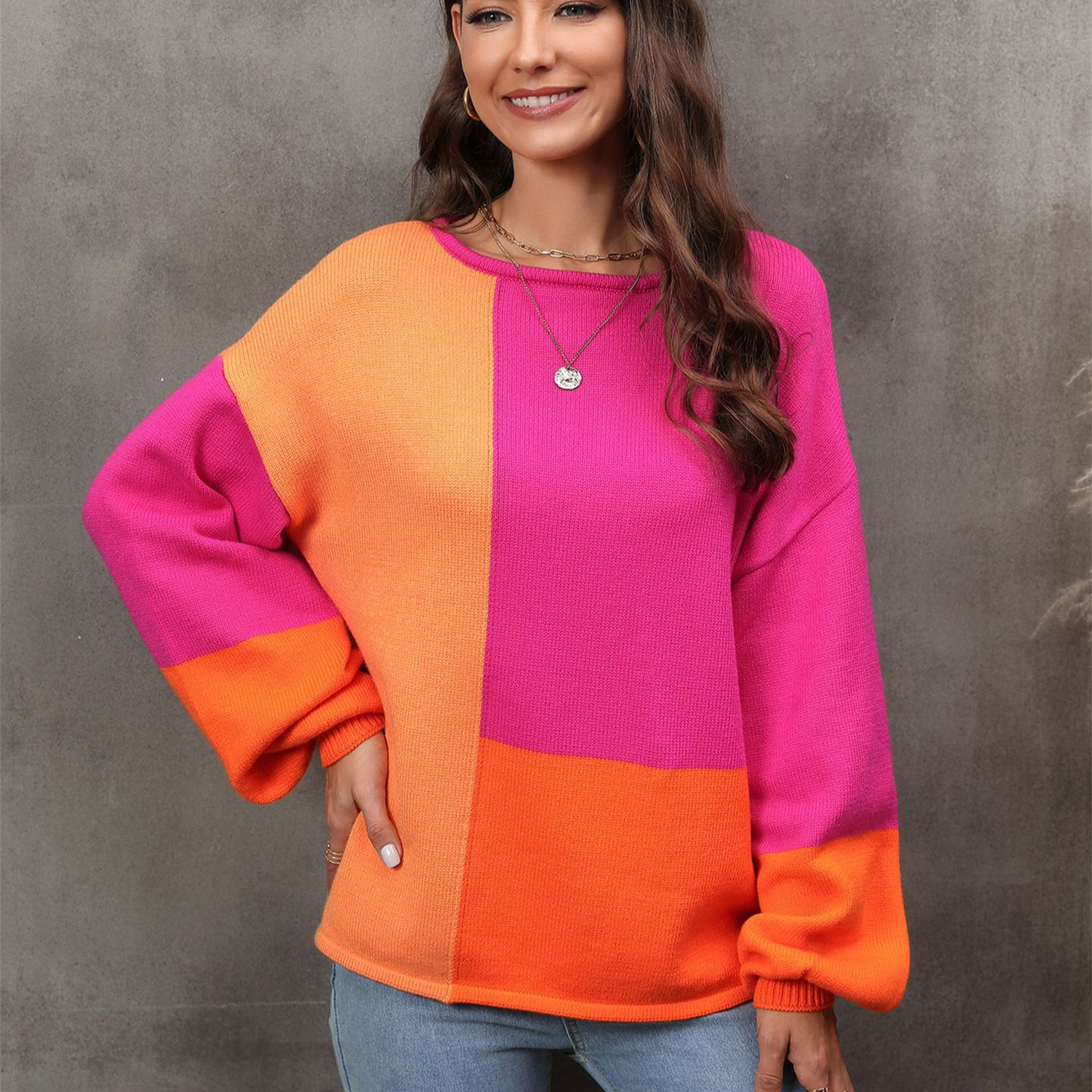 Plus Size Patchwork Turtleneck Knit Sweater