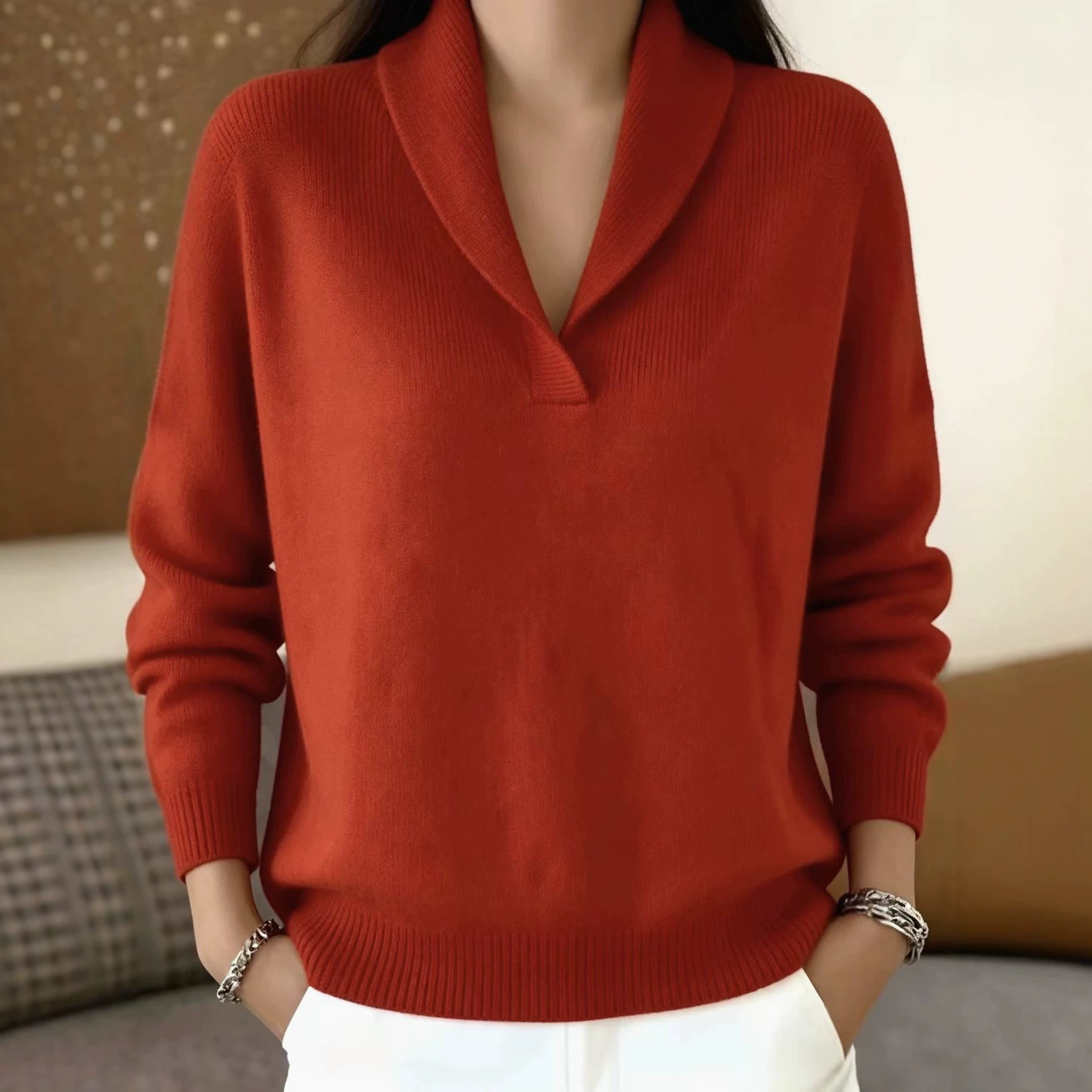 V-Neck Long-Sleeve Pullover Sweater Solid Color