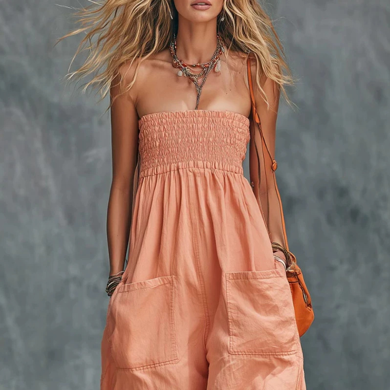 Strapless Orange-Pink Cotton Jumpsuit for Casual Vacation