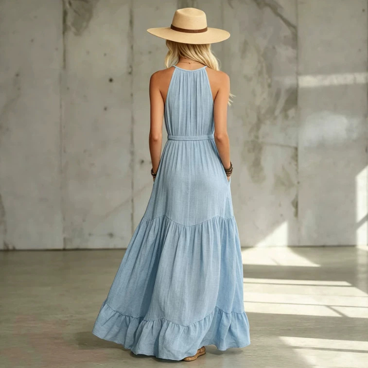 Blue Sleeveless Cotton-Linen Maxi Dress