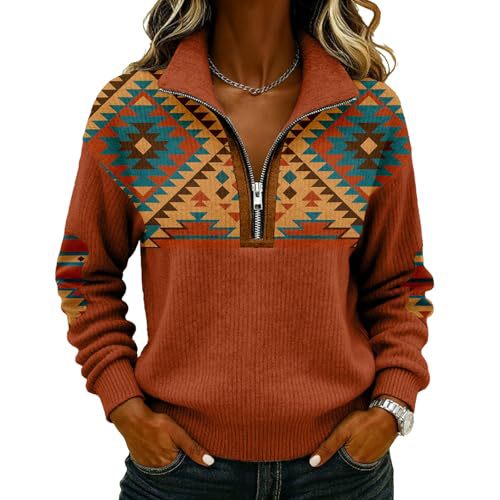 Retro Tribal Print Half-Zip Hoodie for Women
