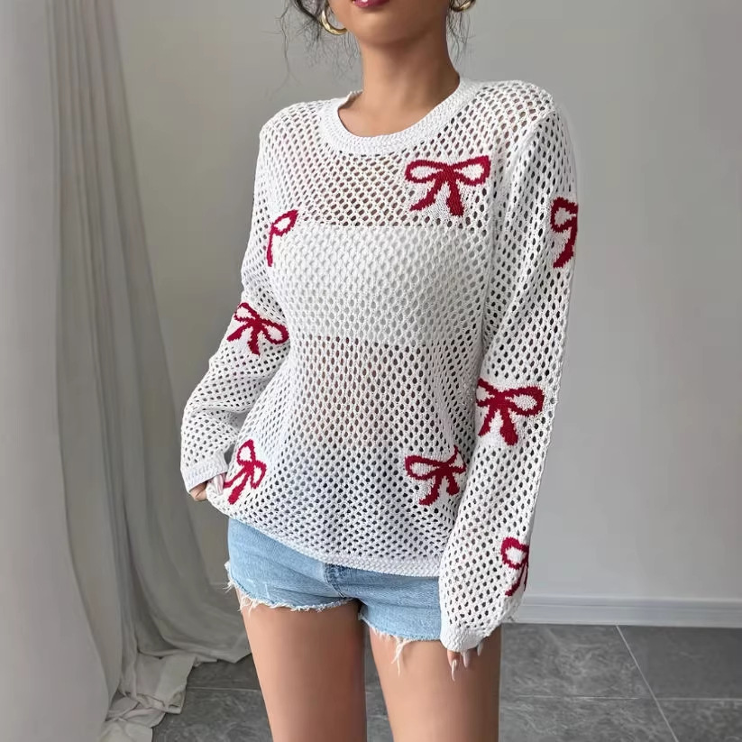 Women's Sheer Open-Knit Bow Jacquard Cover-Up Sun Protection Top