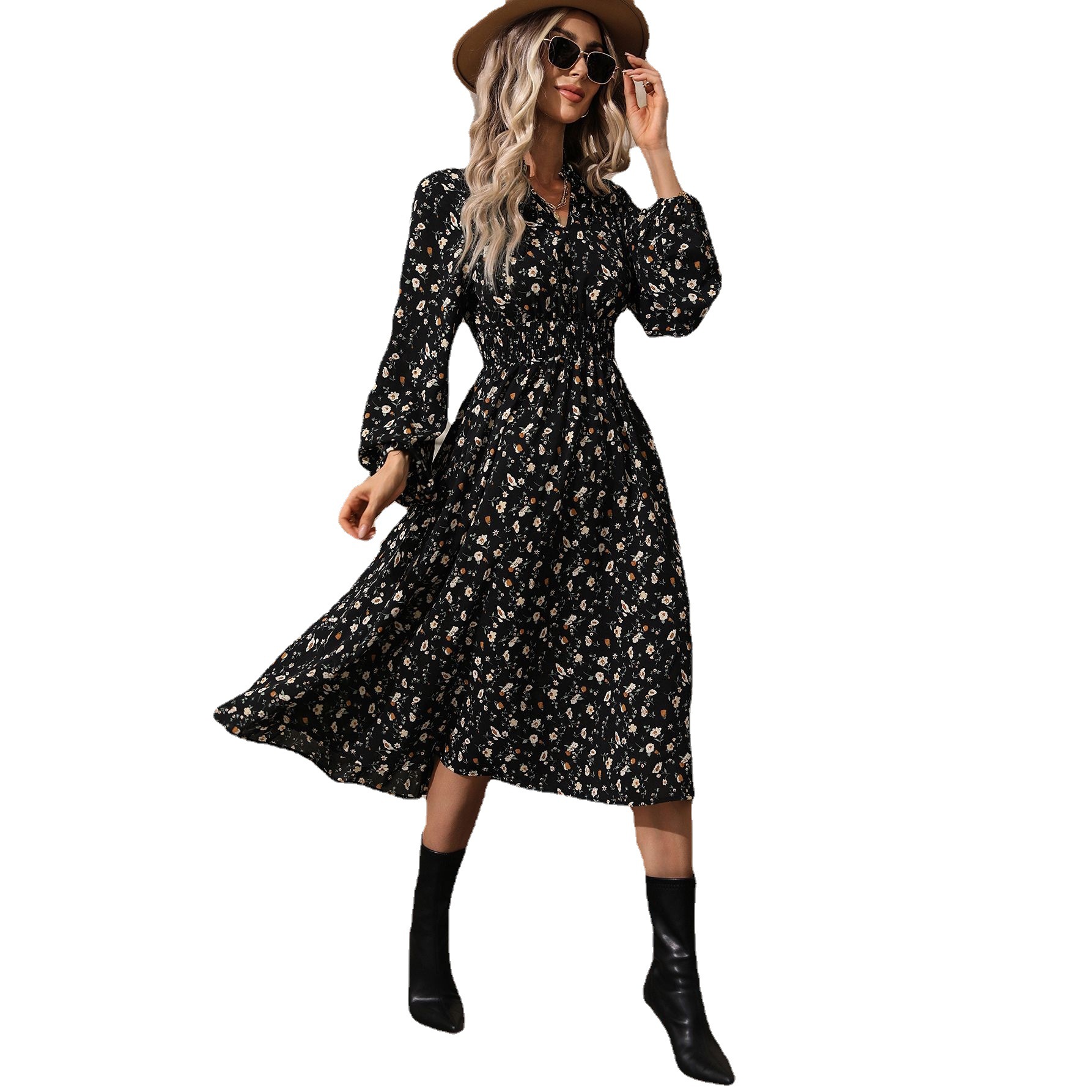Women's V-Neck Long Sleeve Polka Dot Midi Dress High Waist Slimming