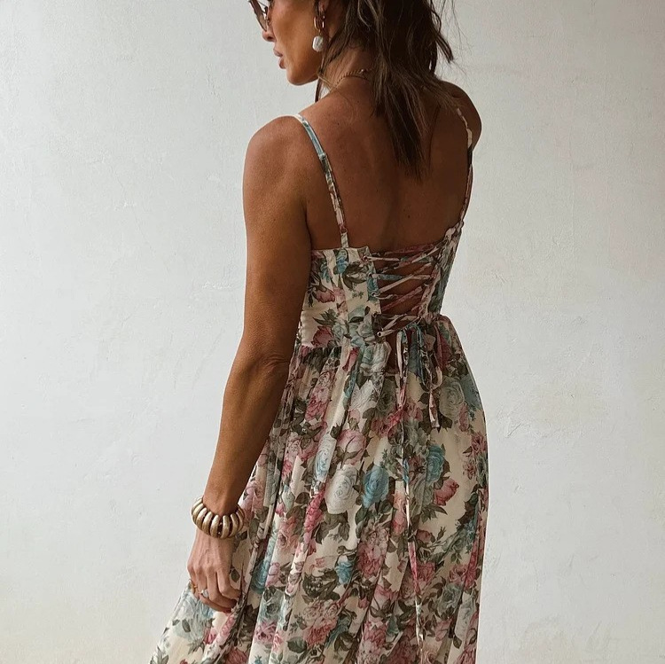 Retro Floral V-Neck High-Slit Cami Maxi Dress
