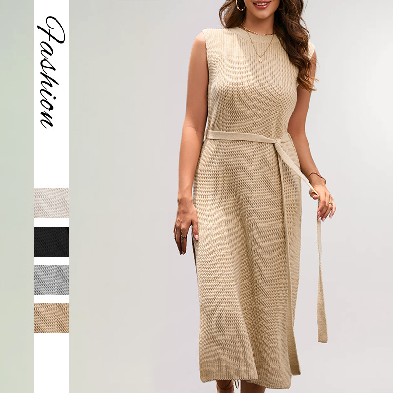 Solid Crewneck Knit Dress with Slit