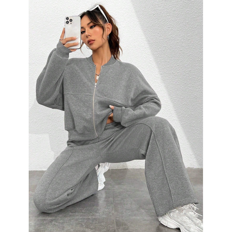 Women's Solid Color Zip-Up Long Sleeve Top and Drawstring Pants Set