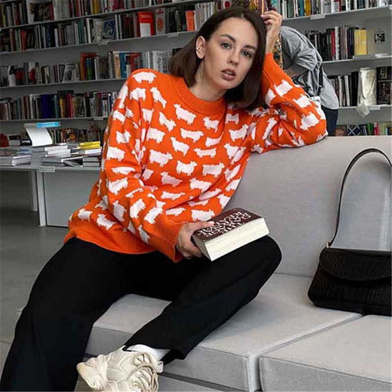 Alpaca Jacquard Crewneck Sweater Women's Loose Pullover