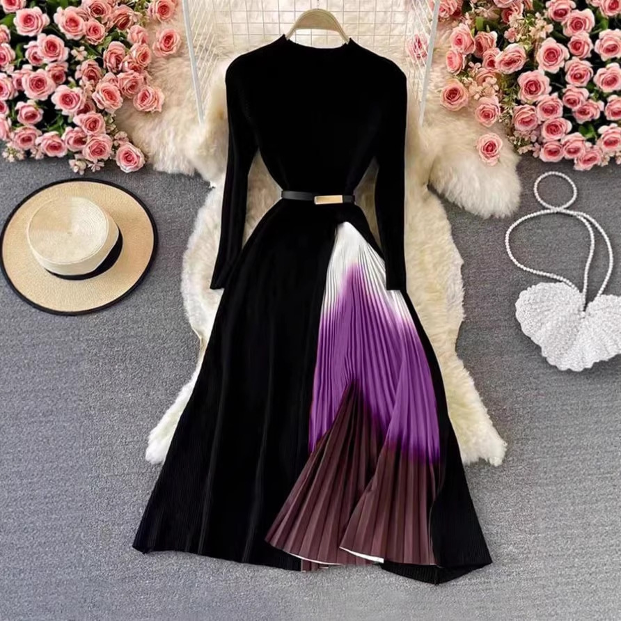 Elegant Gradient Belted Long Sleeve Dress with Stand Collar