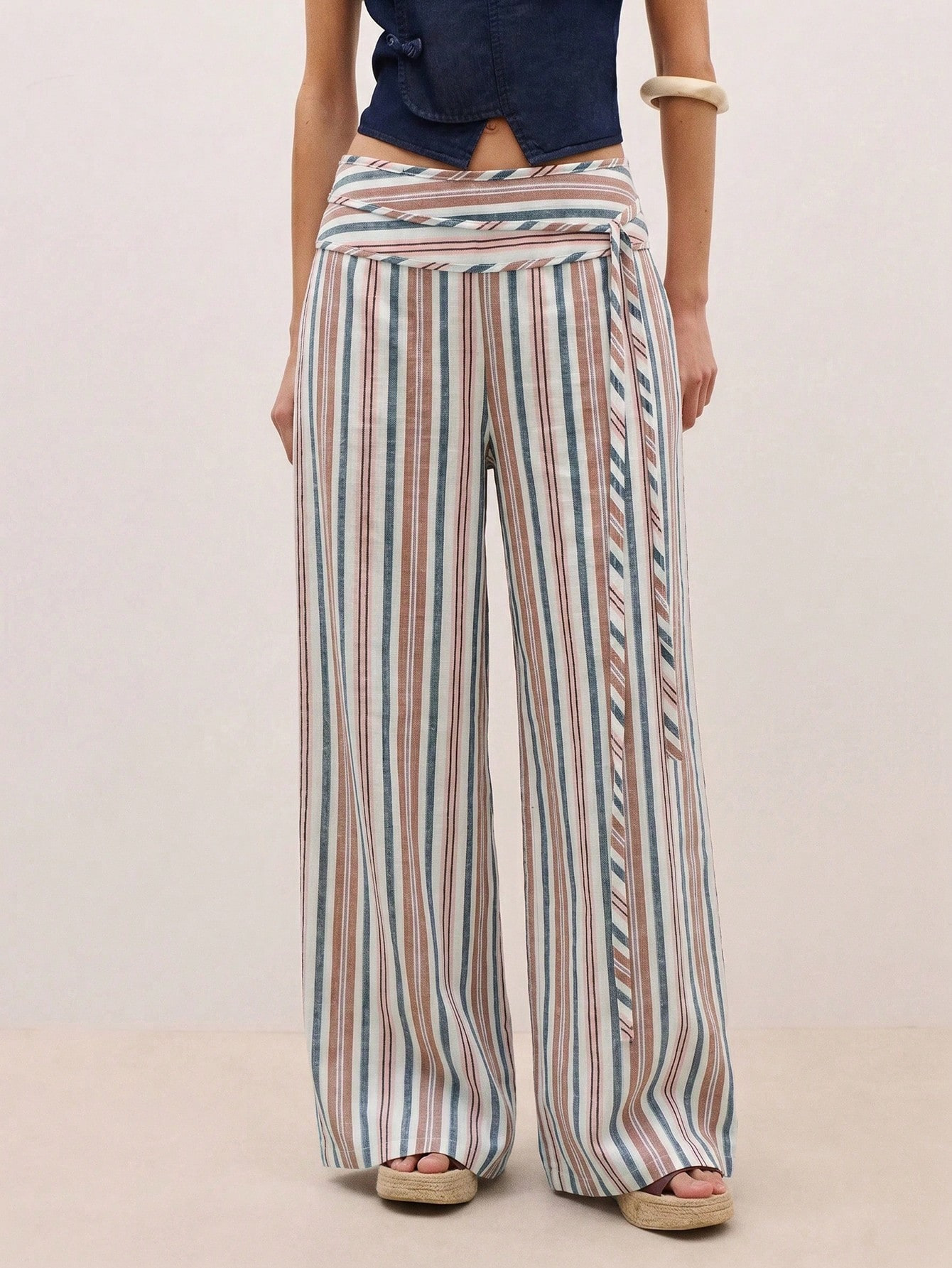 Striped High-Waist Tie-Front Wide-Leg Pants