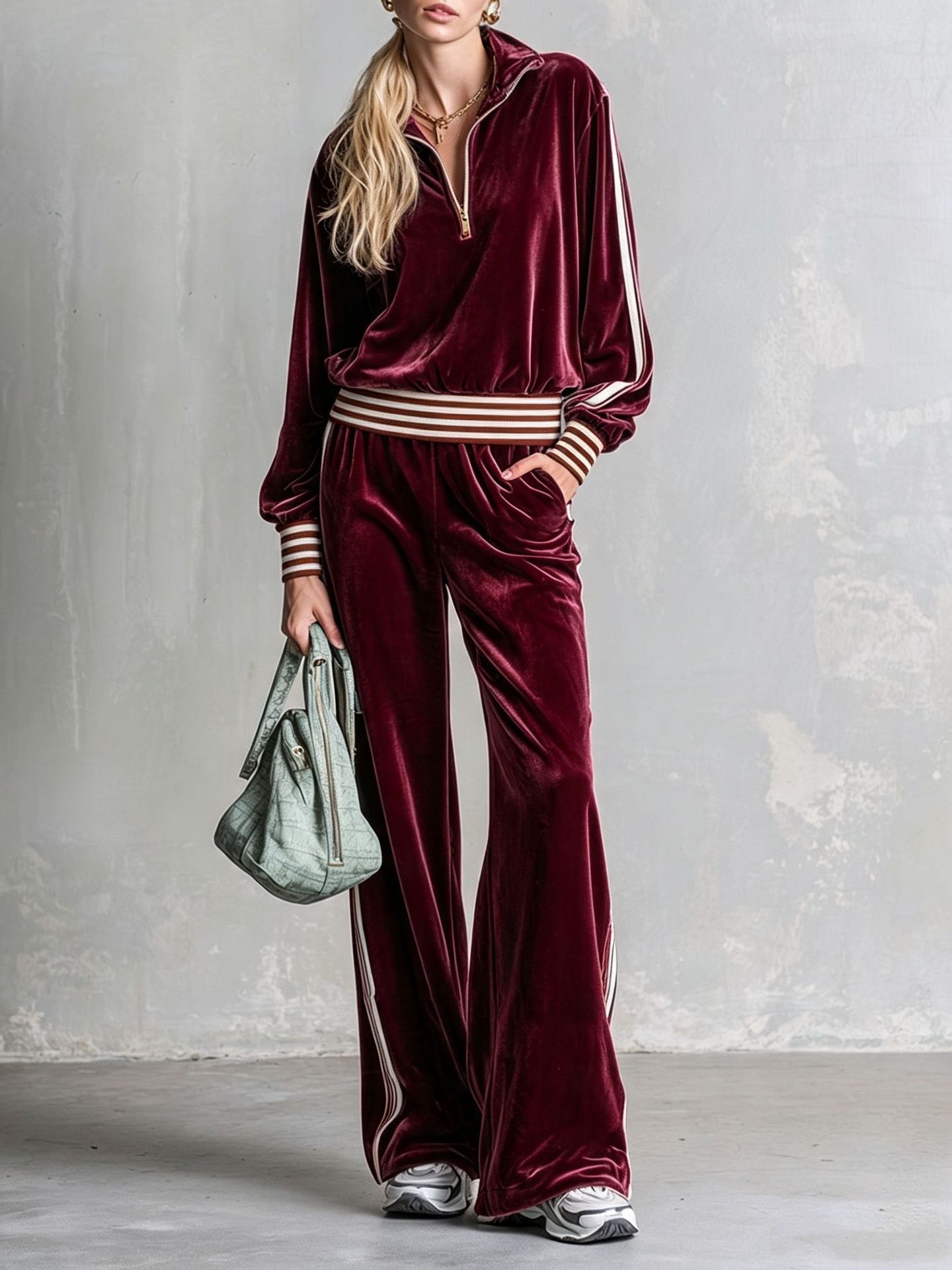 Velvet Side-Stripe Wide-Leg Drawstring Sweatpants