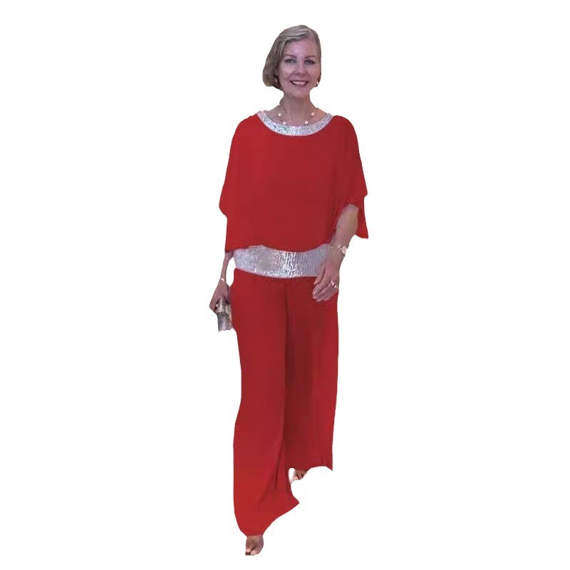 Women's Sequin Colorblock Batwing Top and Wide-Leg Pants Set
