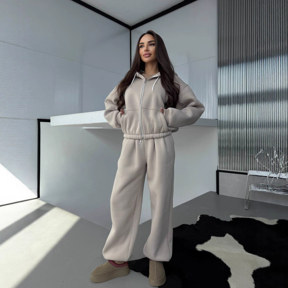 Women's Casual Loose Hooded Zip-Up Sweatshirt and Pants Set