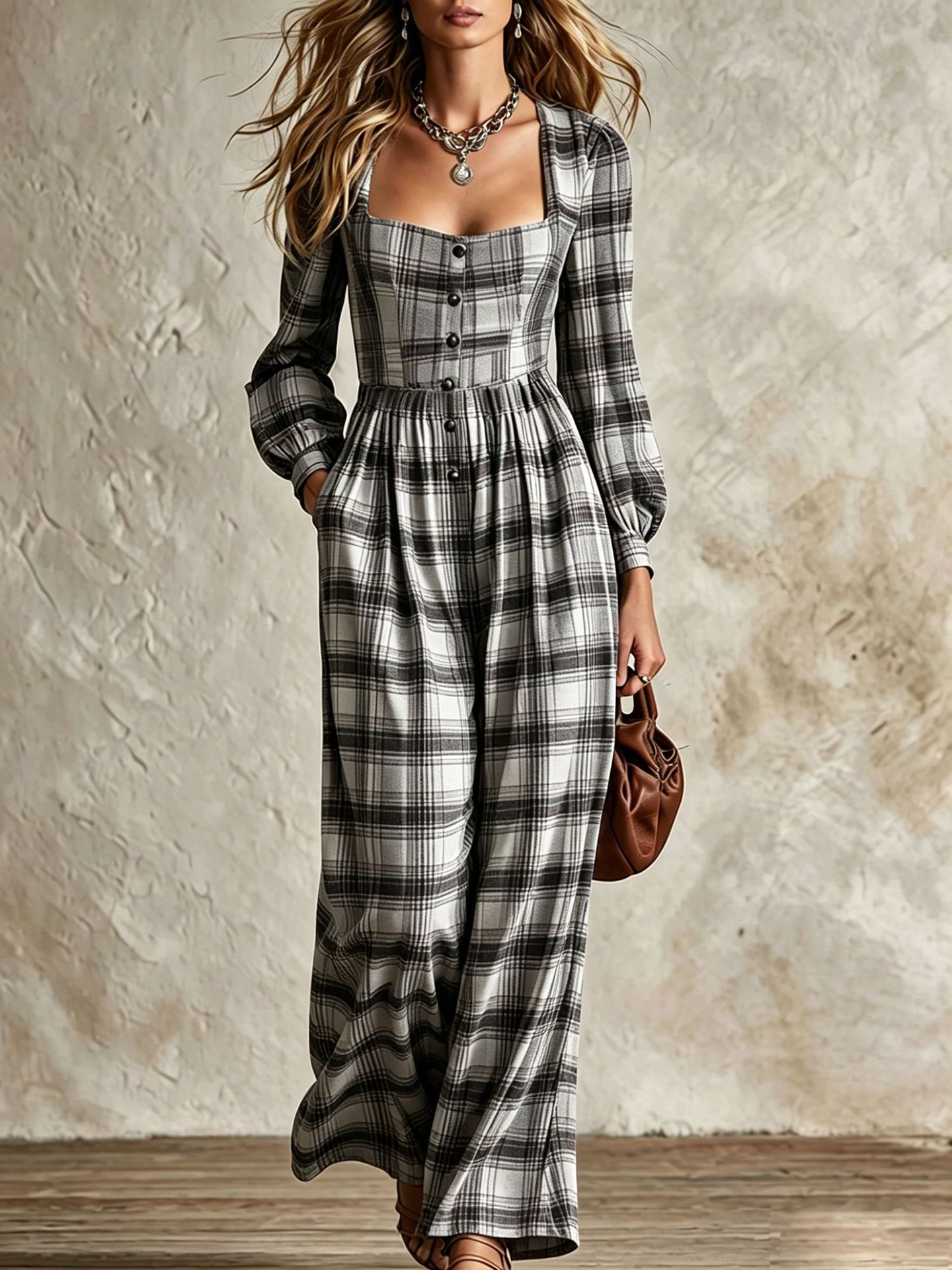 Women's Retro Plaid Square Neck Button-Front Wide-Leg Jumpsuit