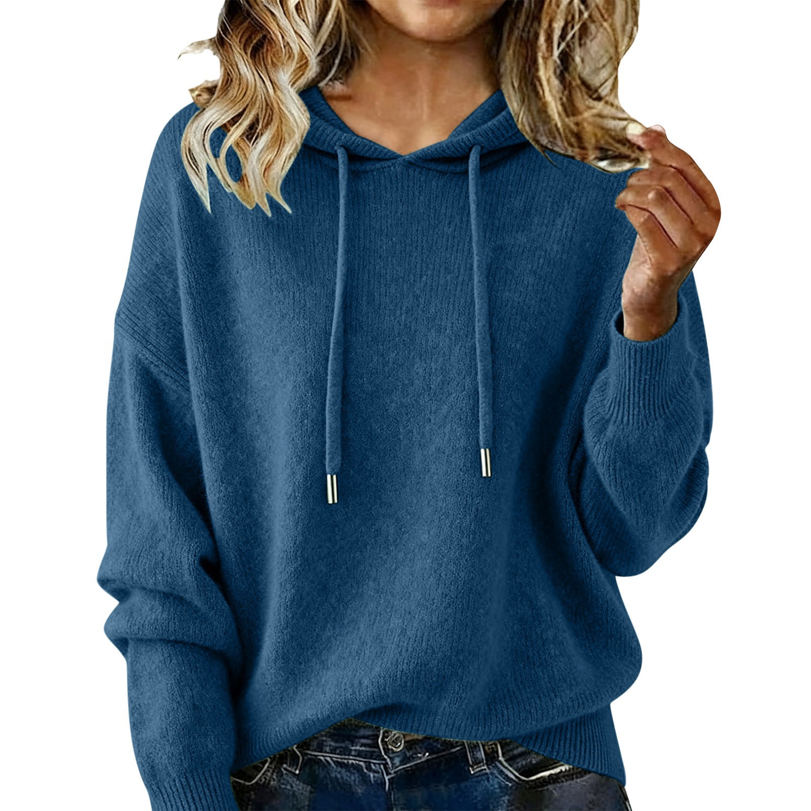 Hooded Drawstring Sweater Solid Color Long Sleeve Brushed Top for Women