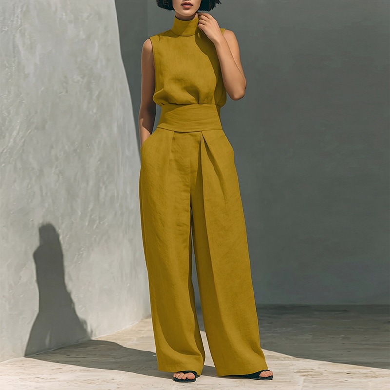 Women's Sleeveless High Neck Top and Straight Leg Pants Casual Set