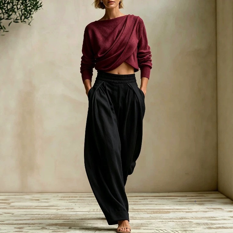 Women's Two-Piece Set: Pleated Crewneck Top & Elastic Waist Harem Pants
