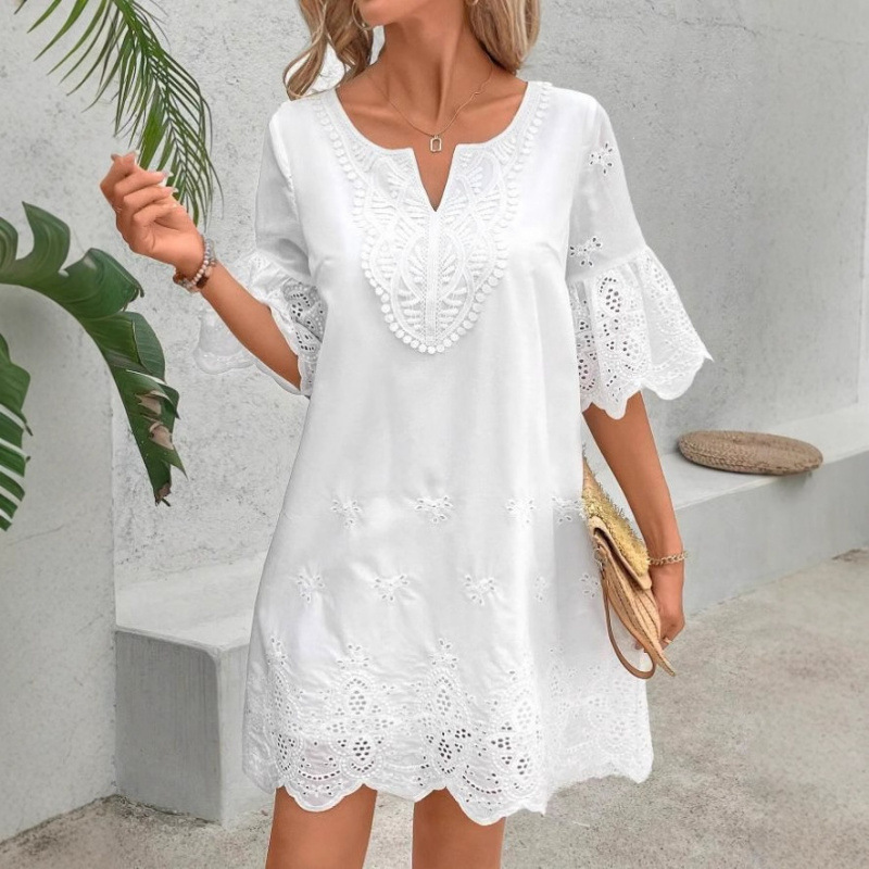 Hollow-Out Embroidered Lace V-Neck Half-Sleeve Dress