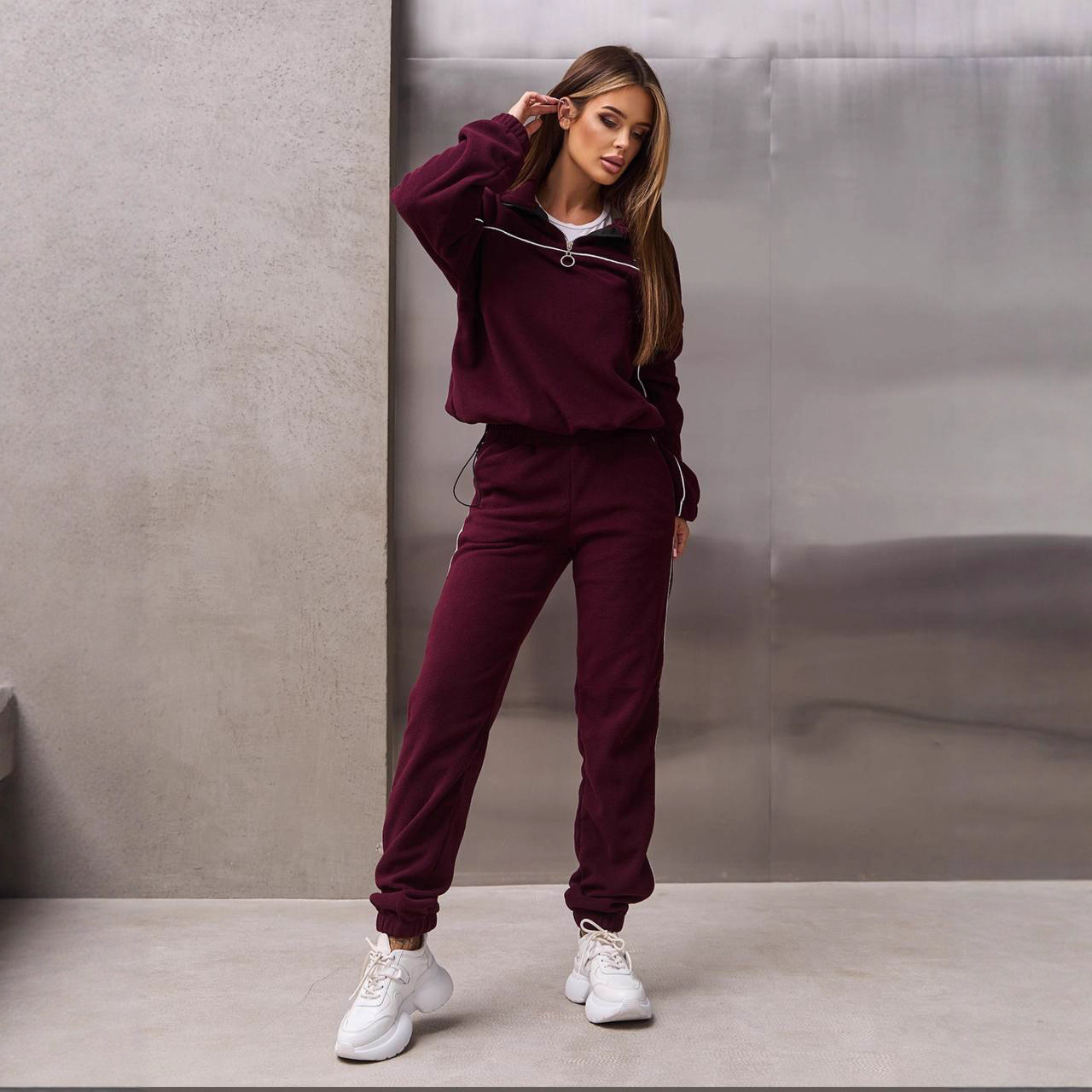 Women's Casual Loose Zip Stand Collar Fleece Hoodie Two-Piece Set