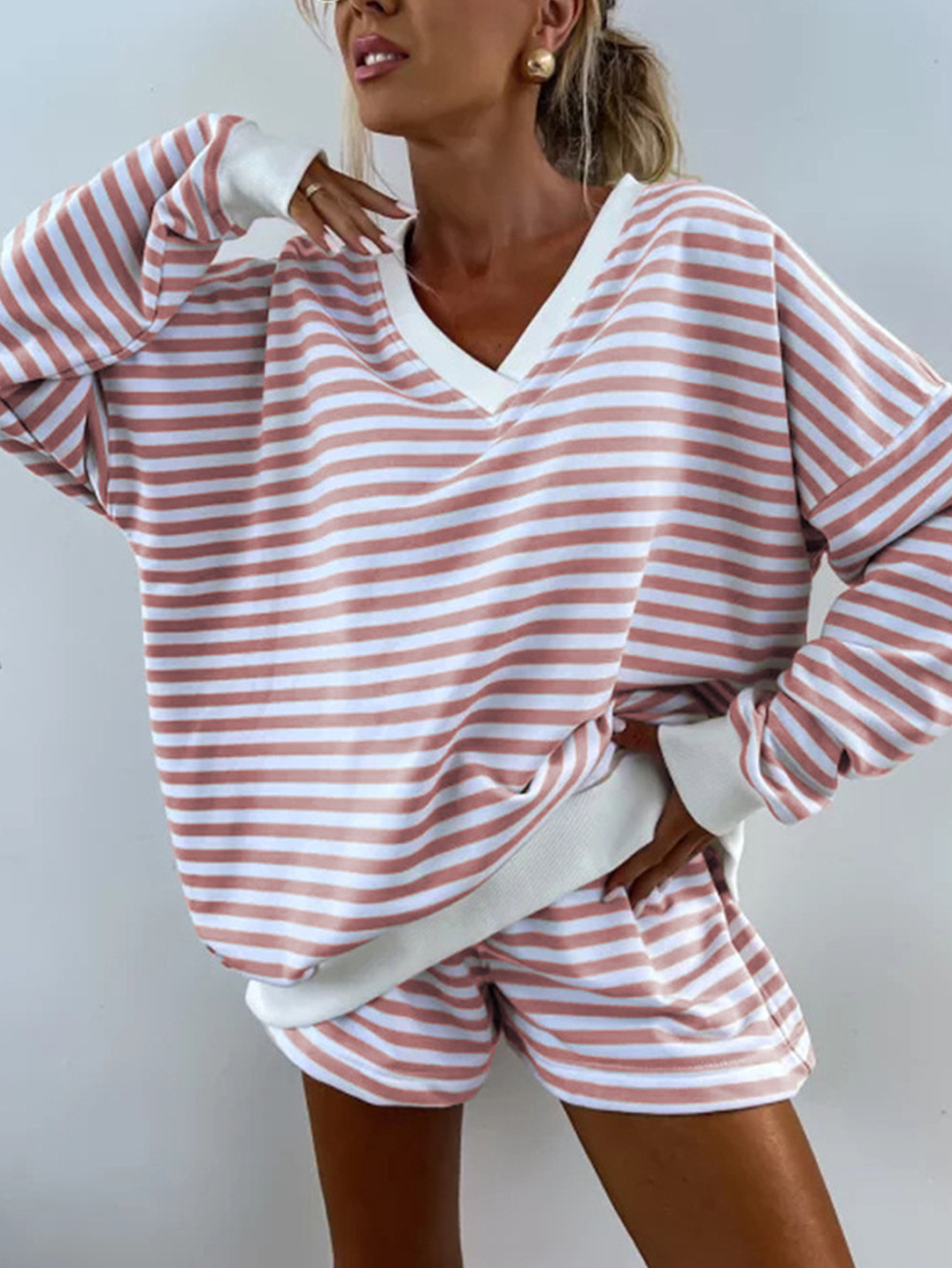 Women's Striped V-Neck Long Sleeve T-Shirt and Shorts Casual Set
