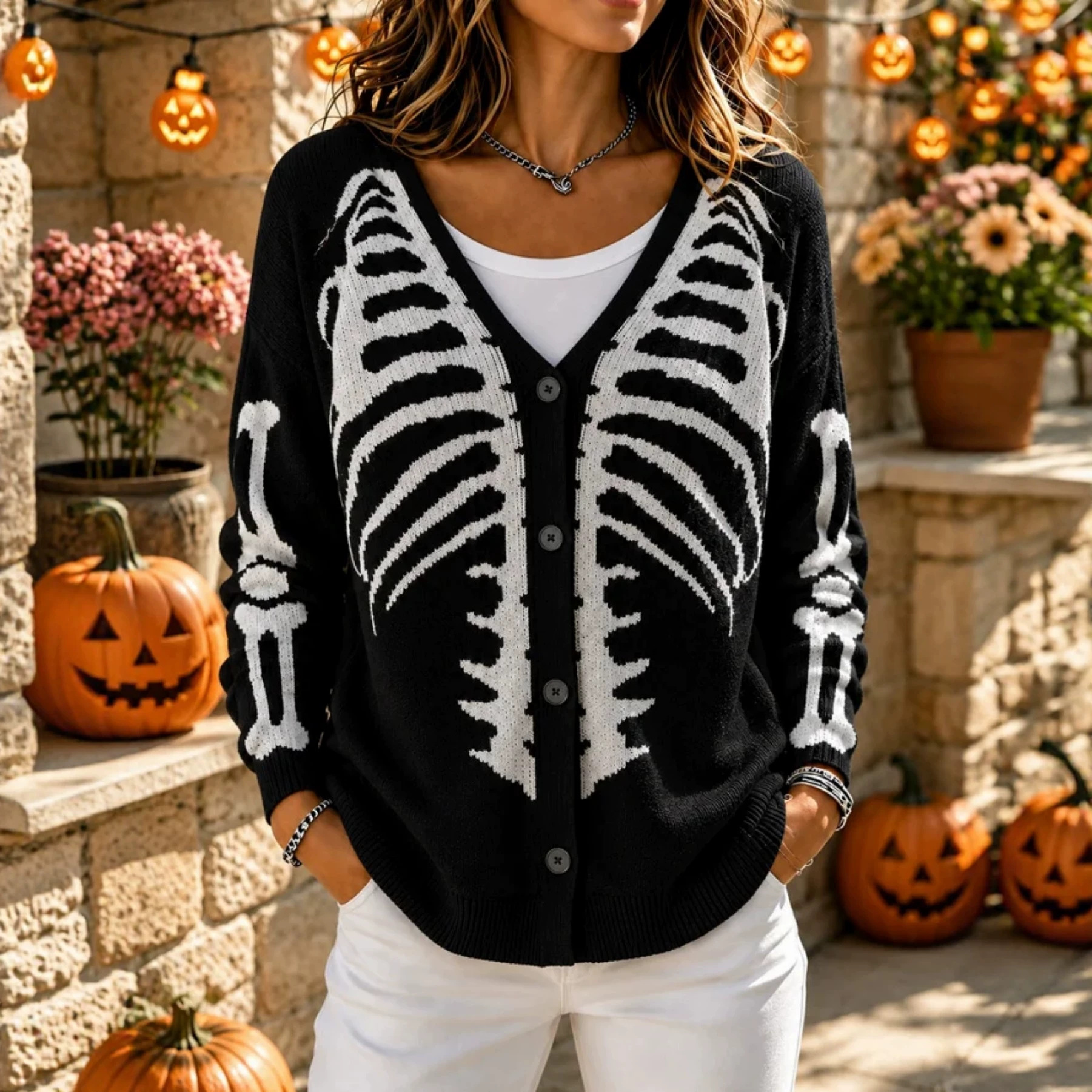 Women's Skeleton Ribbed Halloween Graphic Cardigan