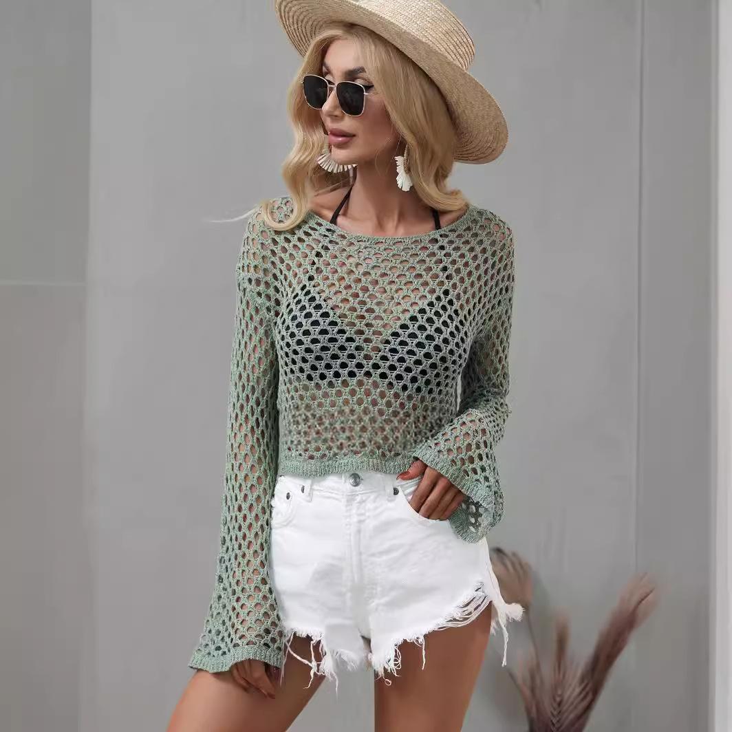 Women's Hollow-Out Knit Sweater with Bell Sleeves and Round Neck