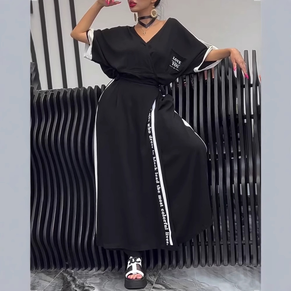 V-Neck Colorblock Short Sleeve Top and Loose Pants Set